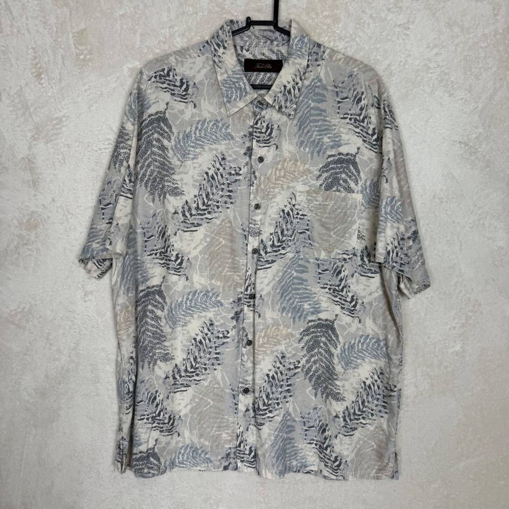 Tasso Elba Mens XL Silk Linen Tropical Leaf Print Short Sleeve Button Up Shirt